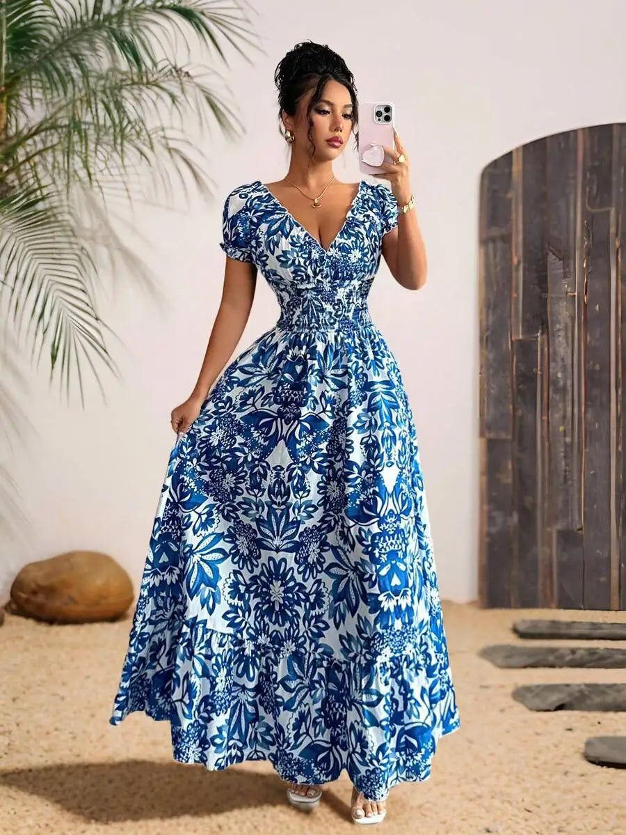 Floral Puff Sleeve Open Back Shirred Maxi Dress