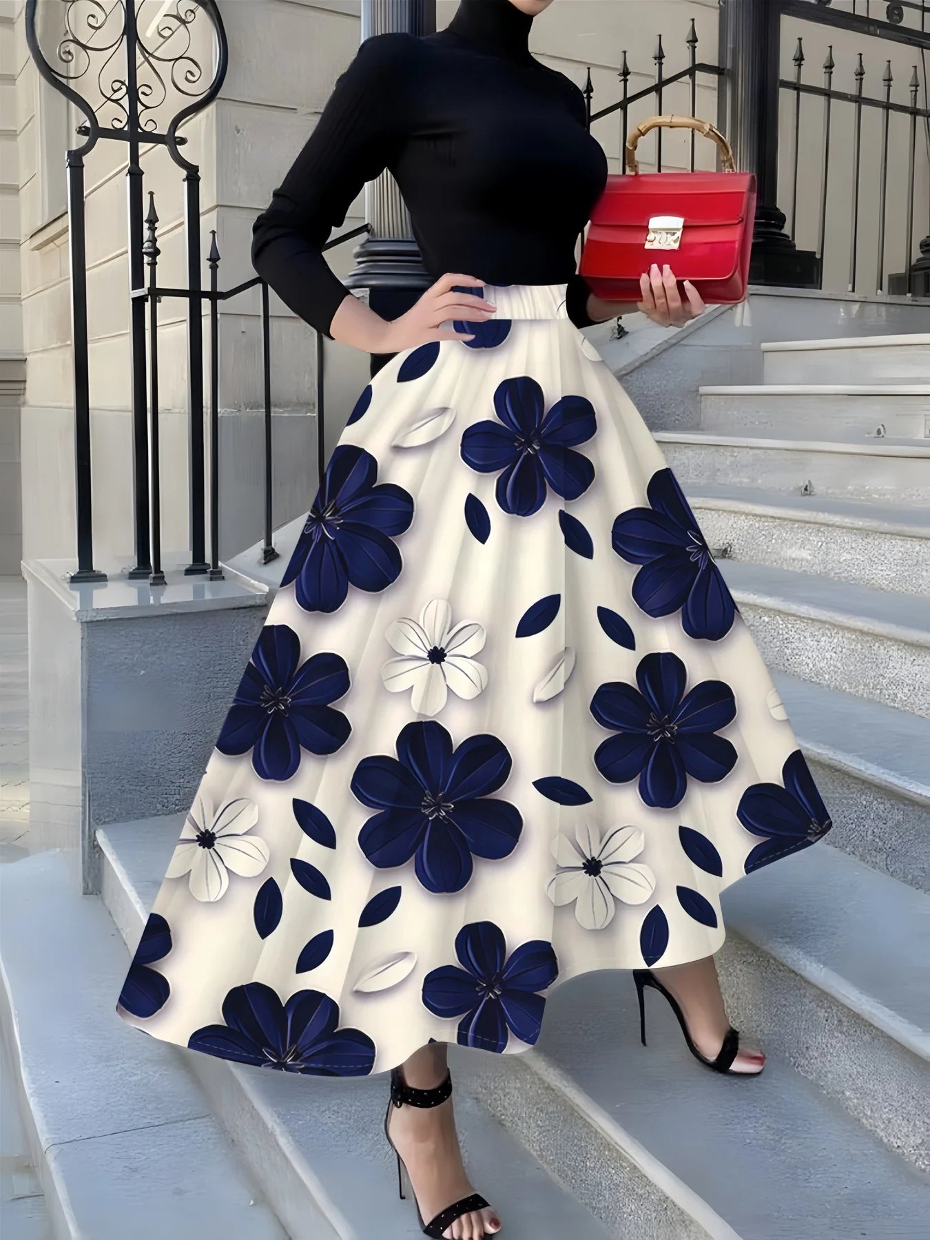 Blue White Floral A-Line Skirt