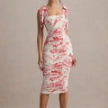 Retro Print Pleated Square Neck Midi Dress – Sleeveless, Slim