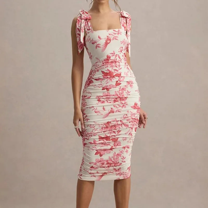 Retro Print Pleated Square Neck Midi Dress – Sleeveless, Slim