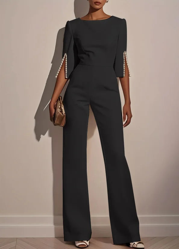 Three-Quarter Sleeve Beaded Button Slim Flare-Leg Jumpsuit