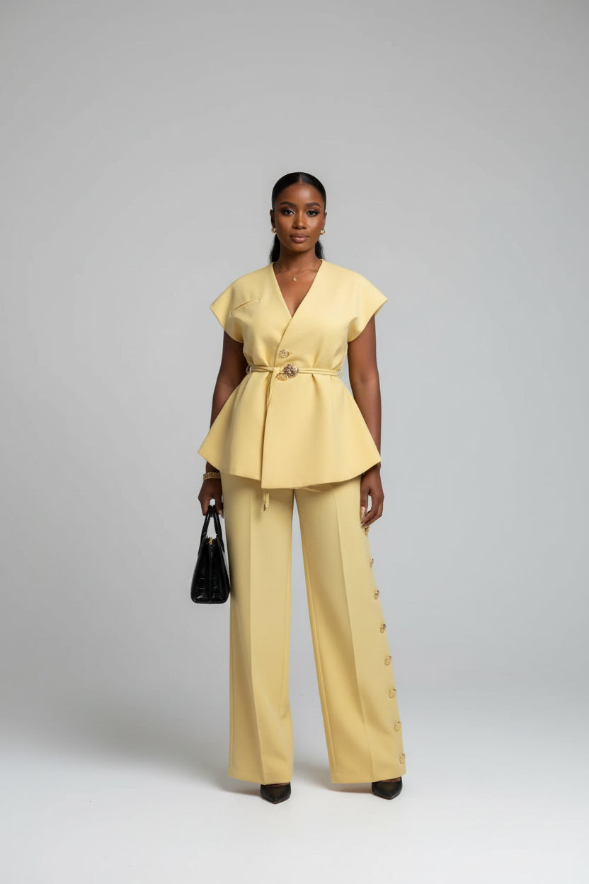 V-Neck Lace-Up Top & Wide Leg Pants Set
