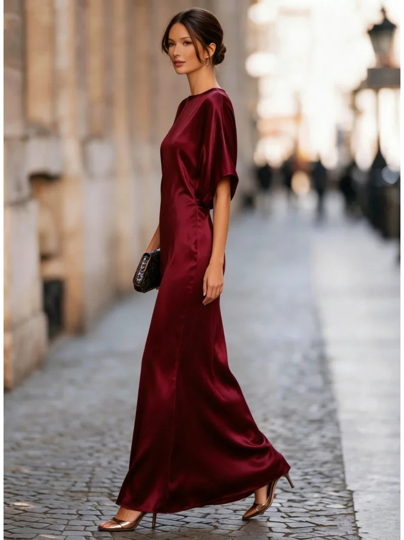 Women's Satin Dolman Sleeve Maxi Dress Crew Neck Bodycon Gown for Formal Evening Party Occasion Wear