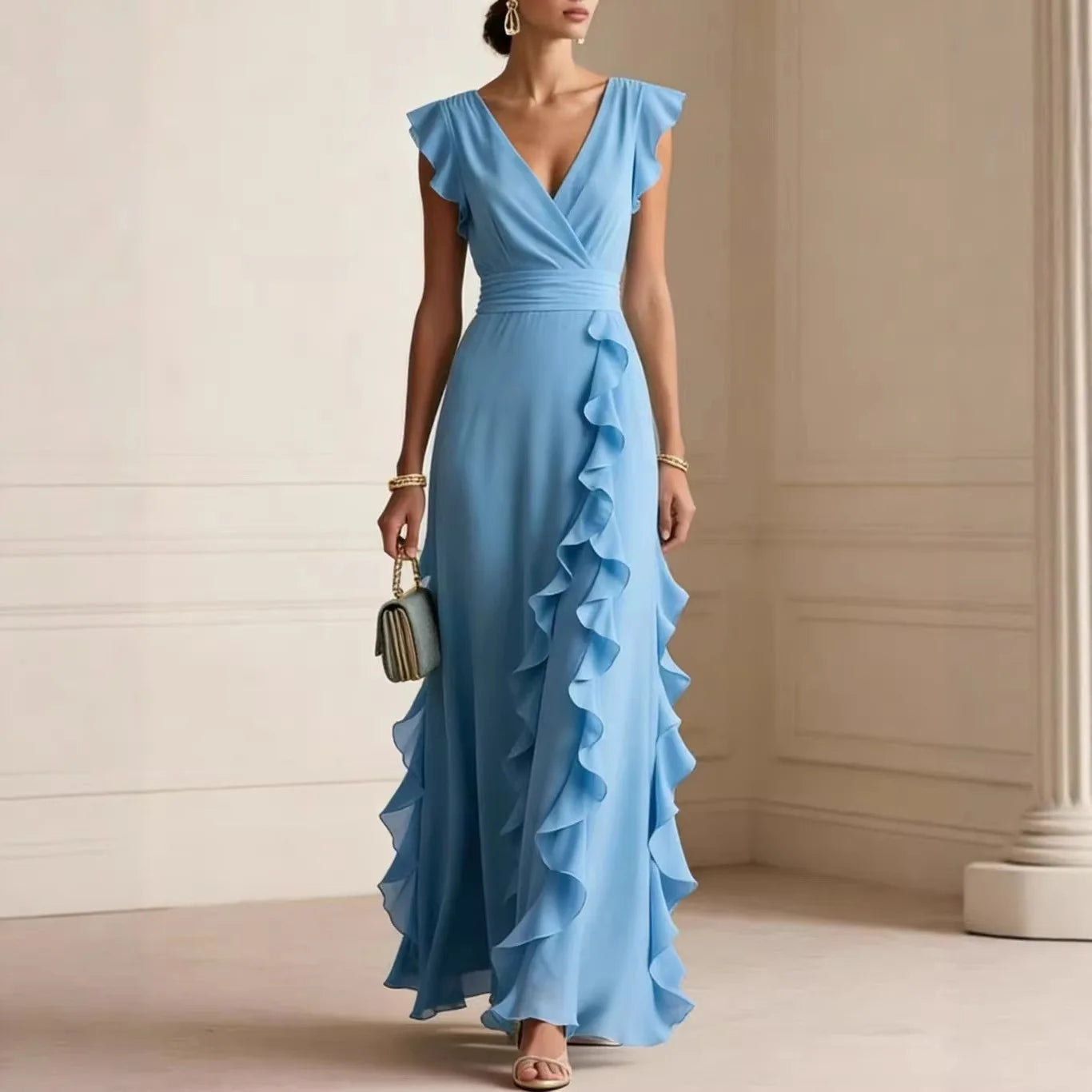 V-Neck Pleated Short Sleeve Solid Maxi Dress