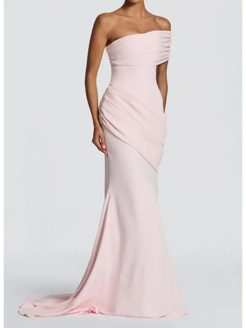 French elegant evening dress, ladies' style, oblique collar and off-the-shoulder, sexy, slim, waist and solid color, advanced.