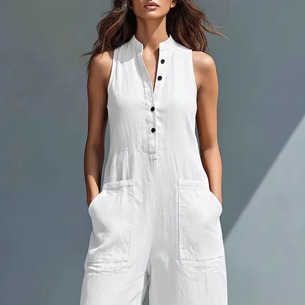 Sleeveless Stand Collar Button-Down Slim Straight-Leg Jumpsuit with Pockets