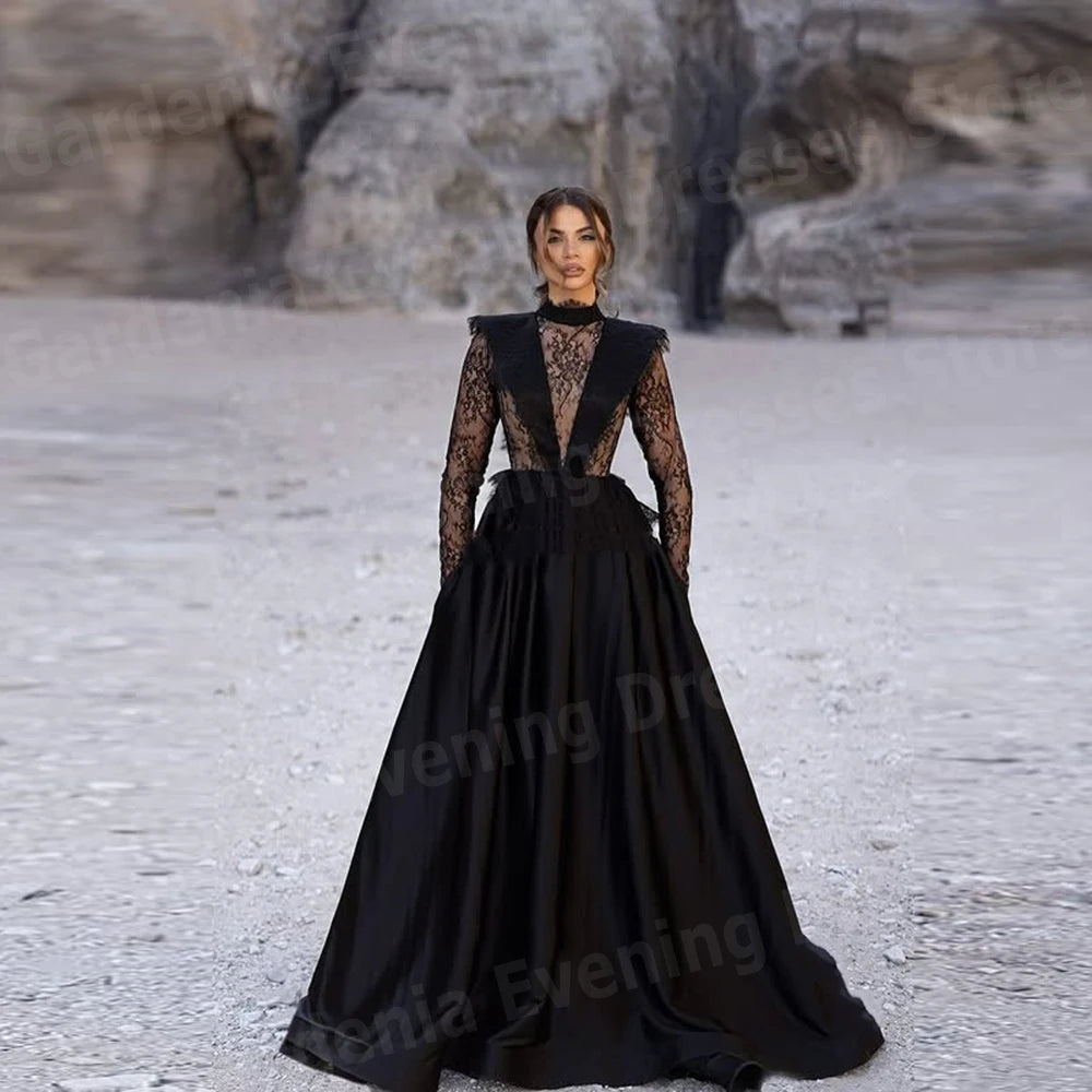 High-Neck Lace Long Sleeve A-Line Prom Gown