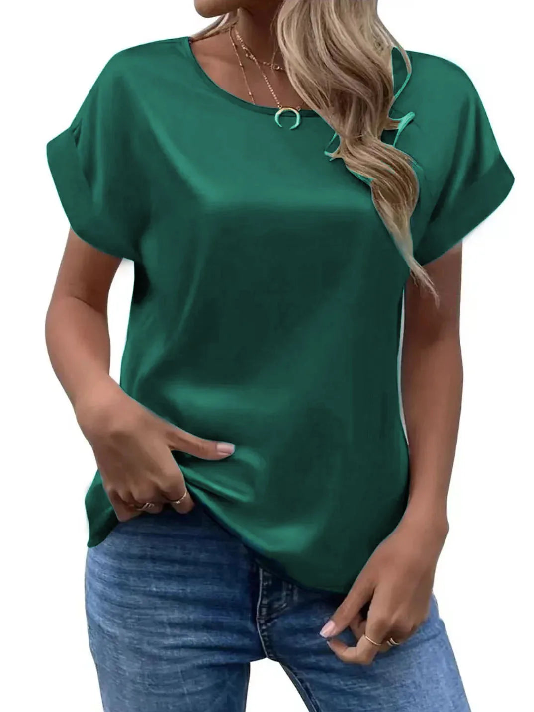 Satin Batwing Sleeve O-Neck Loose Blouse