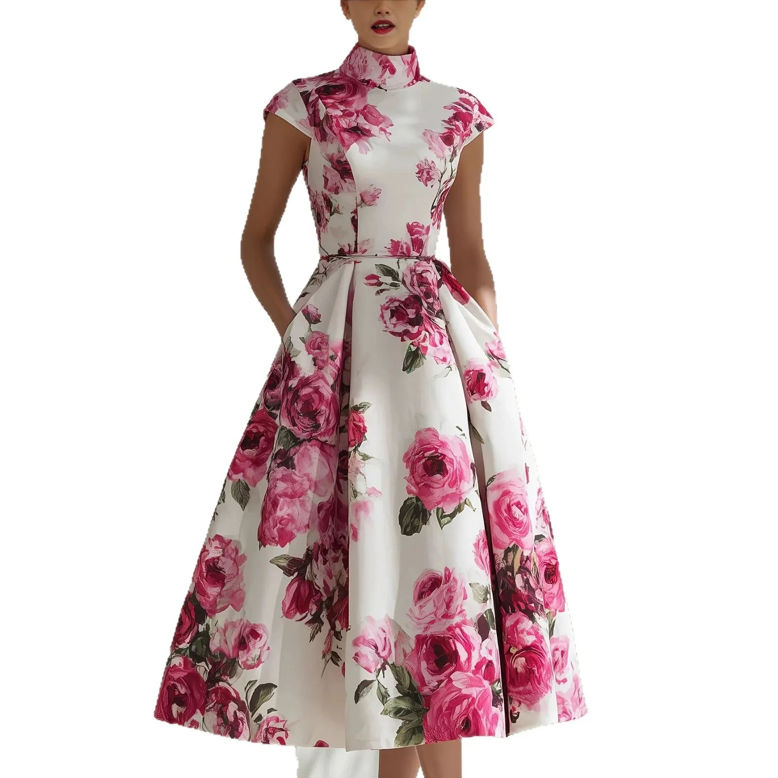 Women's Floral Print High Neck Midi Dress Cap Sleeve A-Line Flared Elegant Cocktail Party Evening Dress with Pockets