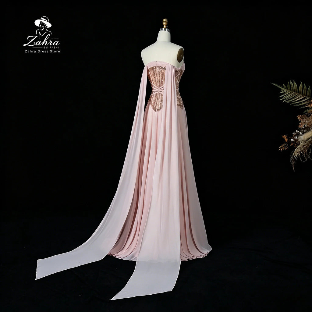Women's Formal Evening Gowns Blush Pink Strapless Beaded Corset Chiffon Cape Evening Dresses Elegant Party Dresses Wedding Dress