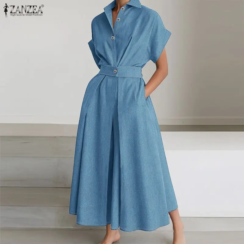 2026 Summer Denim Blue Dress ZANZEA Stylish Women High Waist Office Wear Sundress Short Sleeve Lape Neck Dresses Buttons Up Robe