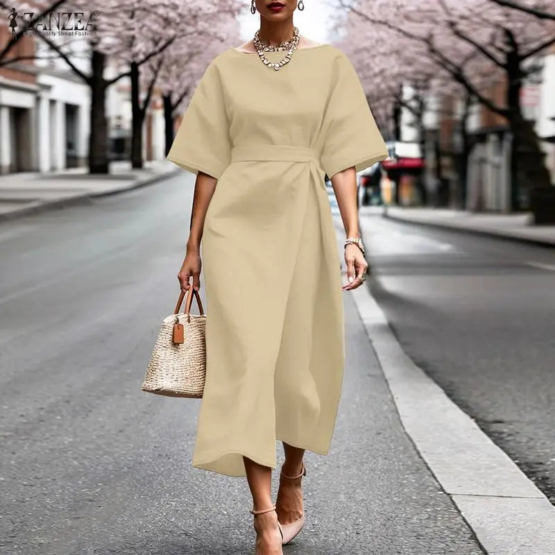 ZANZEA Women Dresses Trend 2026 Summer Elegant Slash Neck Half Sleeve Sudress Stylish Solid Work Dress A Line Belted Midi Robe