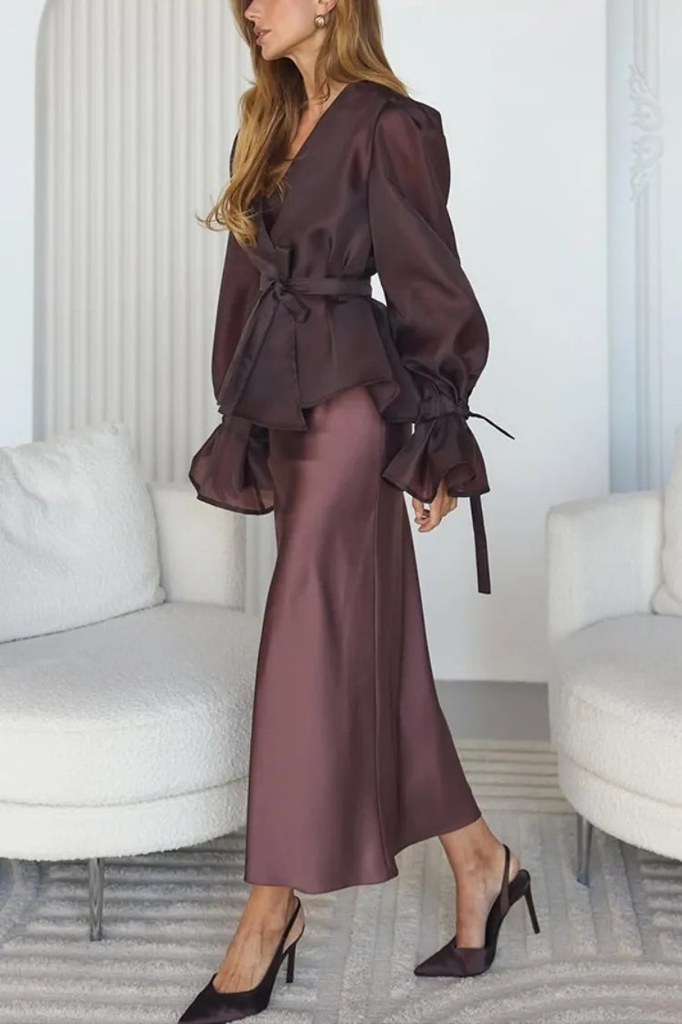 Chiffon Shirt & Satin Skirt Set