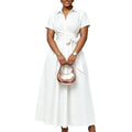 C8662 Women's Summer 2026 New Style Pure Color Belted Short Sleeve Turn-down Collar Dress Elegant Fashion High Waist Midi Dress