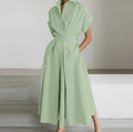 Women's Elegant Dress Fashionable Summer High Waisted Button Short Sleeved Casual Solid Color Spring Summer Jumpsuit Long Skirt