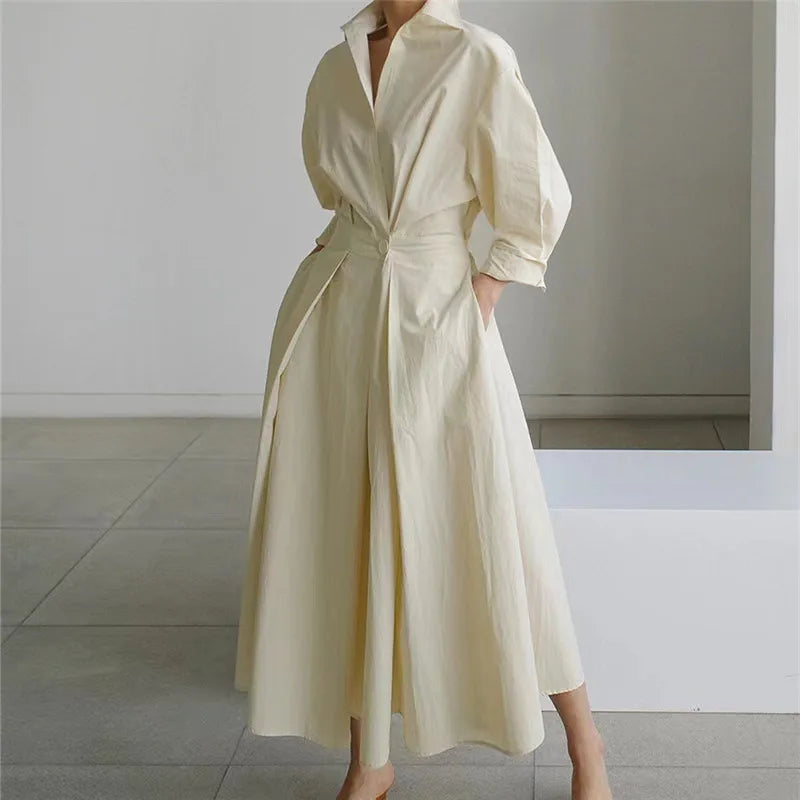 SuperAen Dresses Spring 2024 New Commuter Fashion Lapel Collar Long Sleeve Elastic Swing Dress