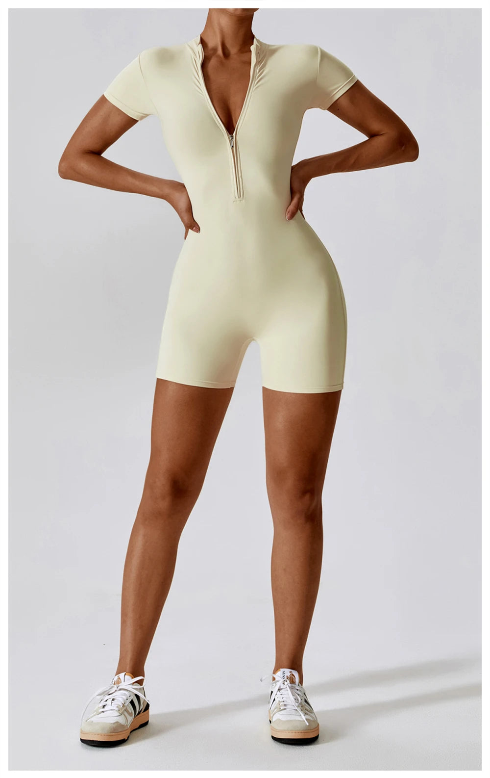Short Sleeve Slim Fit Stretch Zip-Up Yoga Playsuit