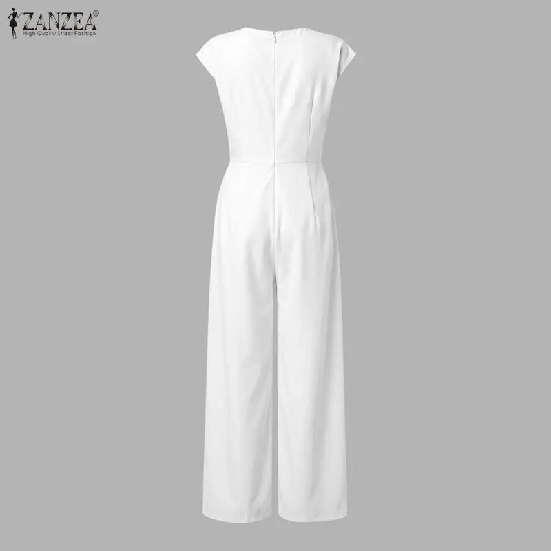 ZANZEA 2026 Summer Rompers Fashion Women Jumpsuits O Neck Short Sleeve Playsuit Elegant Solid Wide Leg OL Work Overalls Trousers
