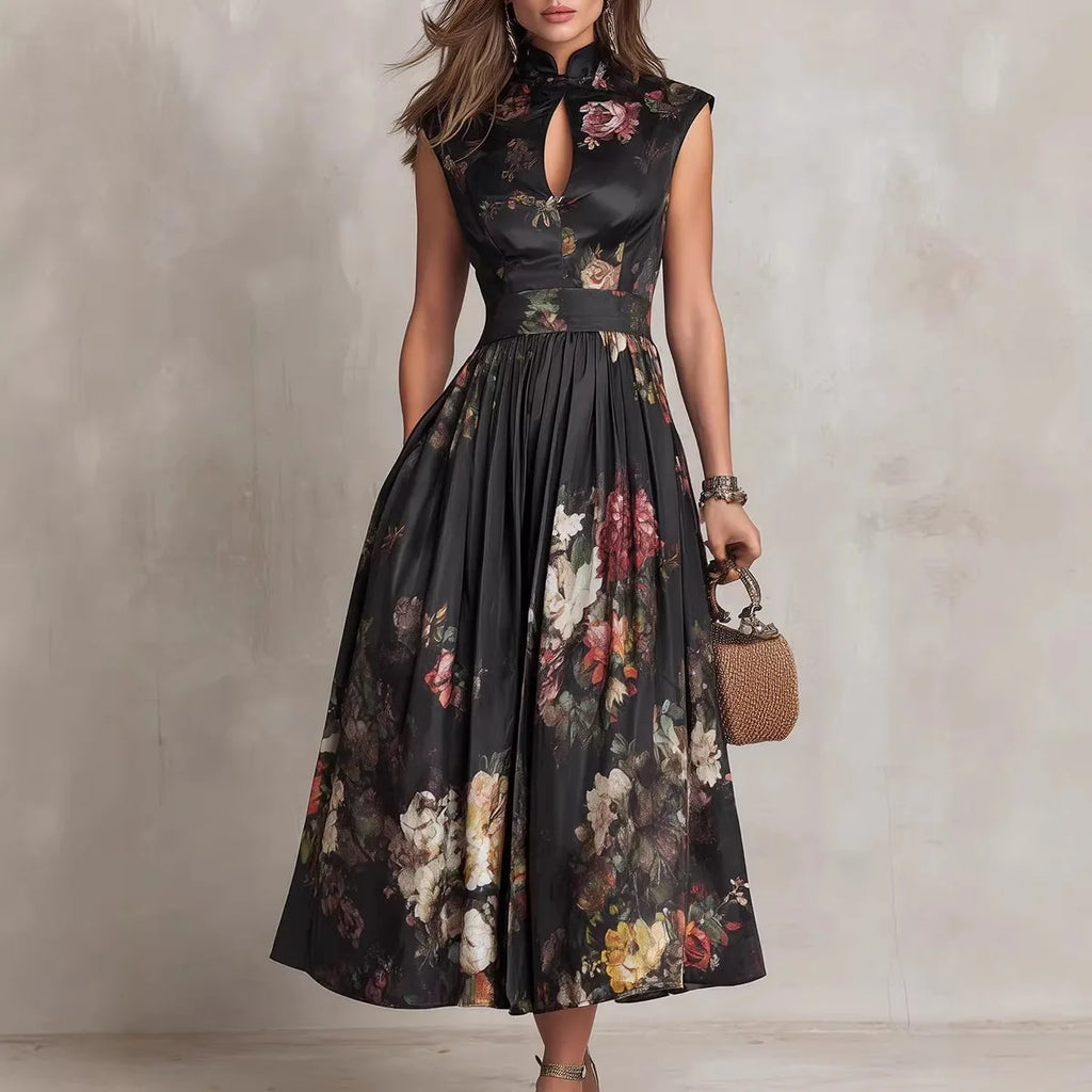 2026 Spring New Women's Sleeveless Black Digital Print Long Skirt Three-dimensional Flower Slim Dress for Women