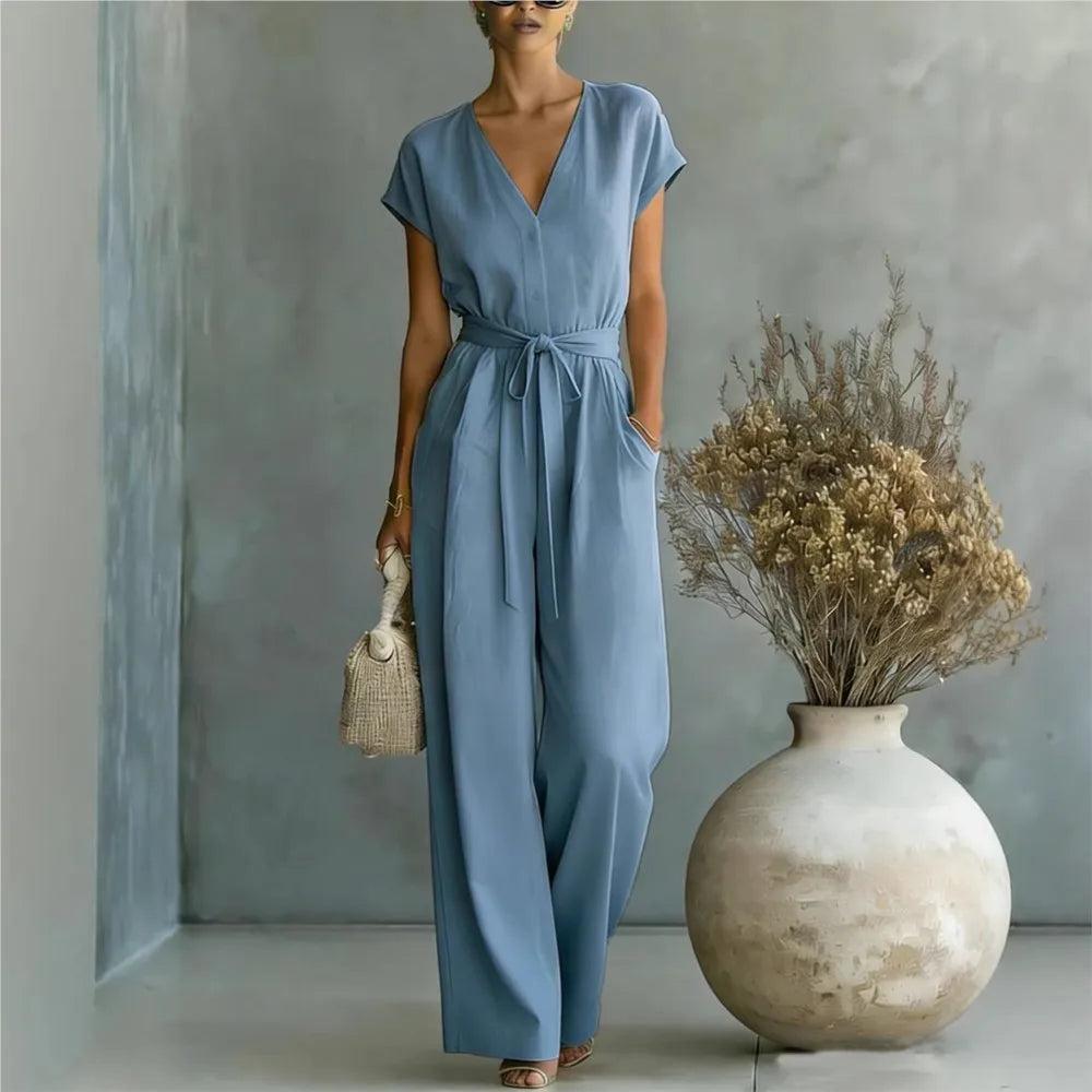 Women's White High Waist Wide Leg Jumpsuit Summer V Neck Button Short Sleeve Simple Commute Playsuits Fashion Lace Up Jumpsuits