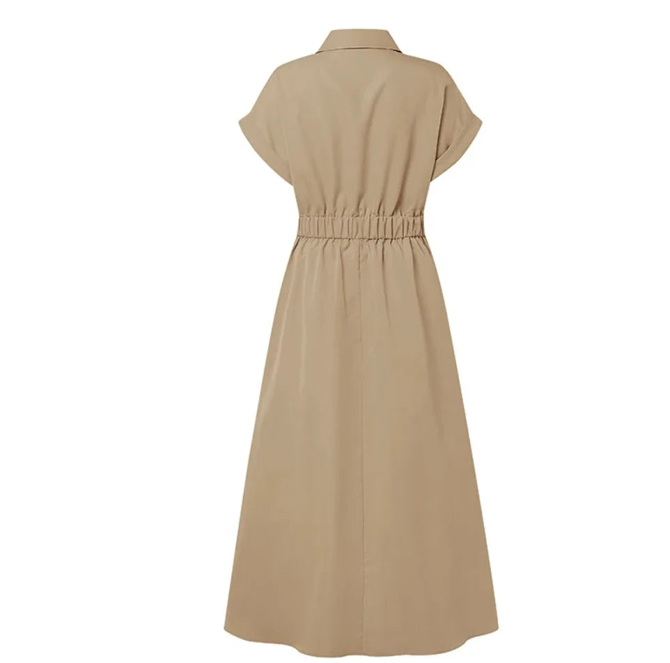 Women's Elegant Dress Fashionable Summer High Waisted Button Short Sleeved Casual Solid Color Spring Summer Jumpsuit Long Skirt