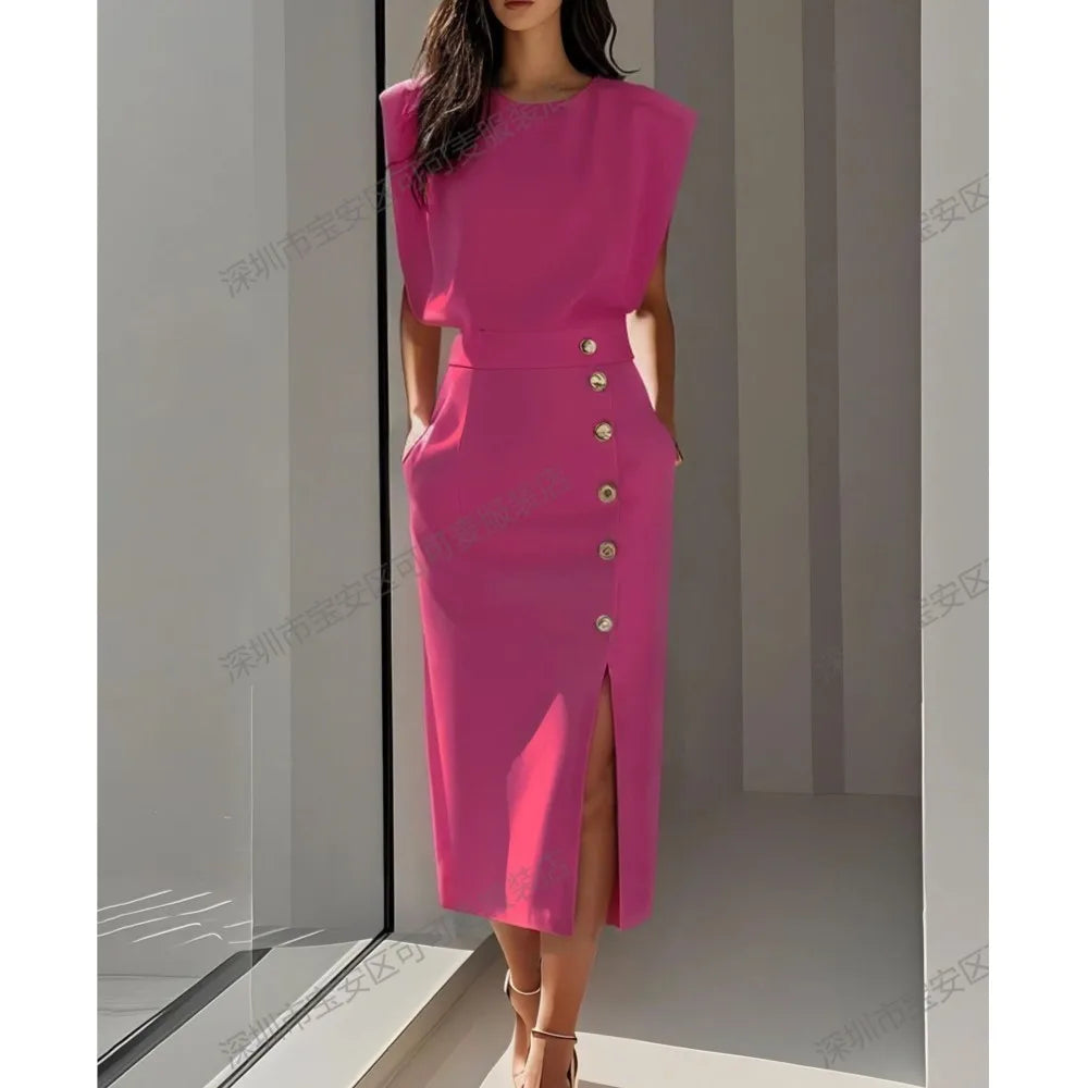 Elegant Ladies Waist Tightening Slit Metal Button Dresses Summer New Slim Hip Sleeveless Pocket Women's Office Dress 2025