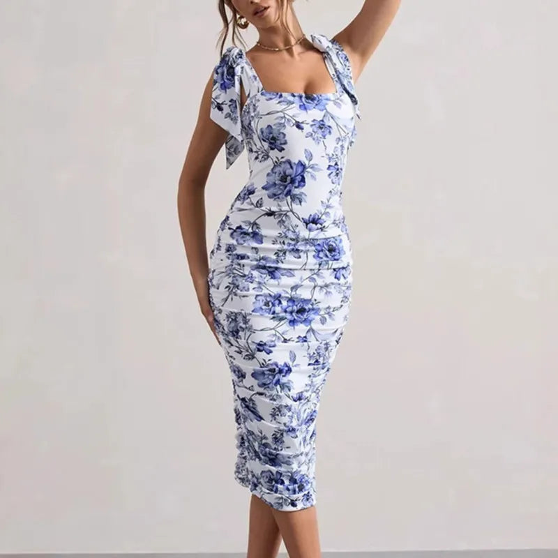 Retro Print Pleated Square Neck Midi Dress – Sleeveless, Slim