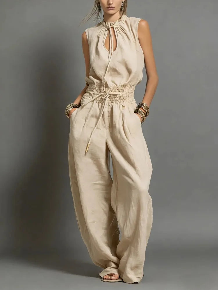 Sleeveless Hollow Lace-Up Waist Wide-Leg Jumpsuit