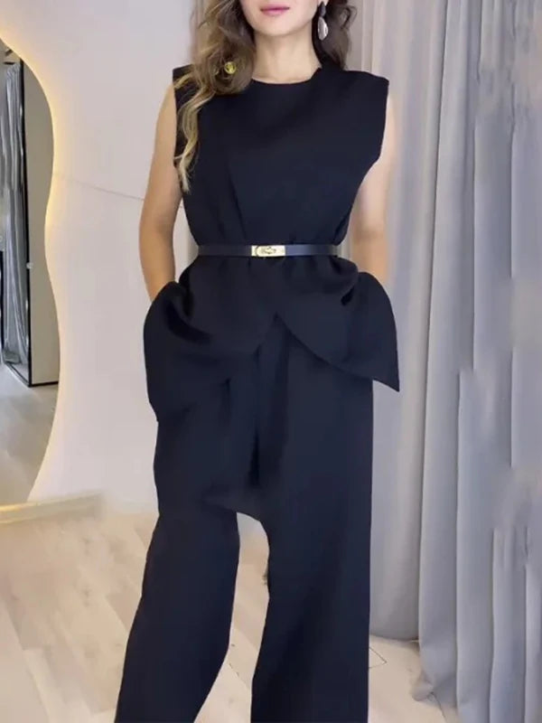 Krisstargirls 2025 New Woman Elegant Vest shirts with Belt Summer Sleeveless O-neck Trendy Office Ladie Blouse Women Clothing