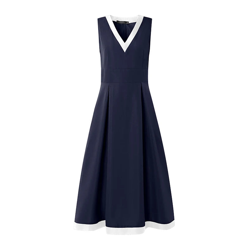 V-Neck Patchwork Waisted Midi Dress