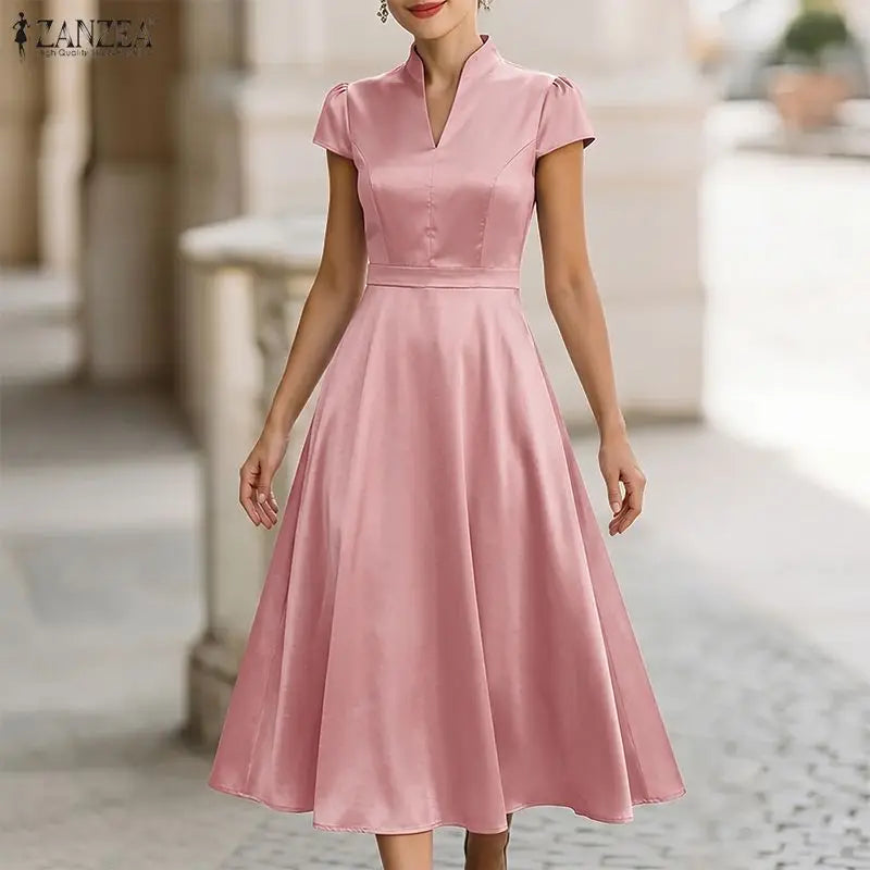 ZANZEA Women Silky Satin Midi Dress V-Neck Short Sleeve Cinch Waist A-Line Dresses Minimalist Commute Party Vestidos de Mujer