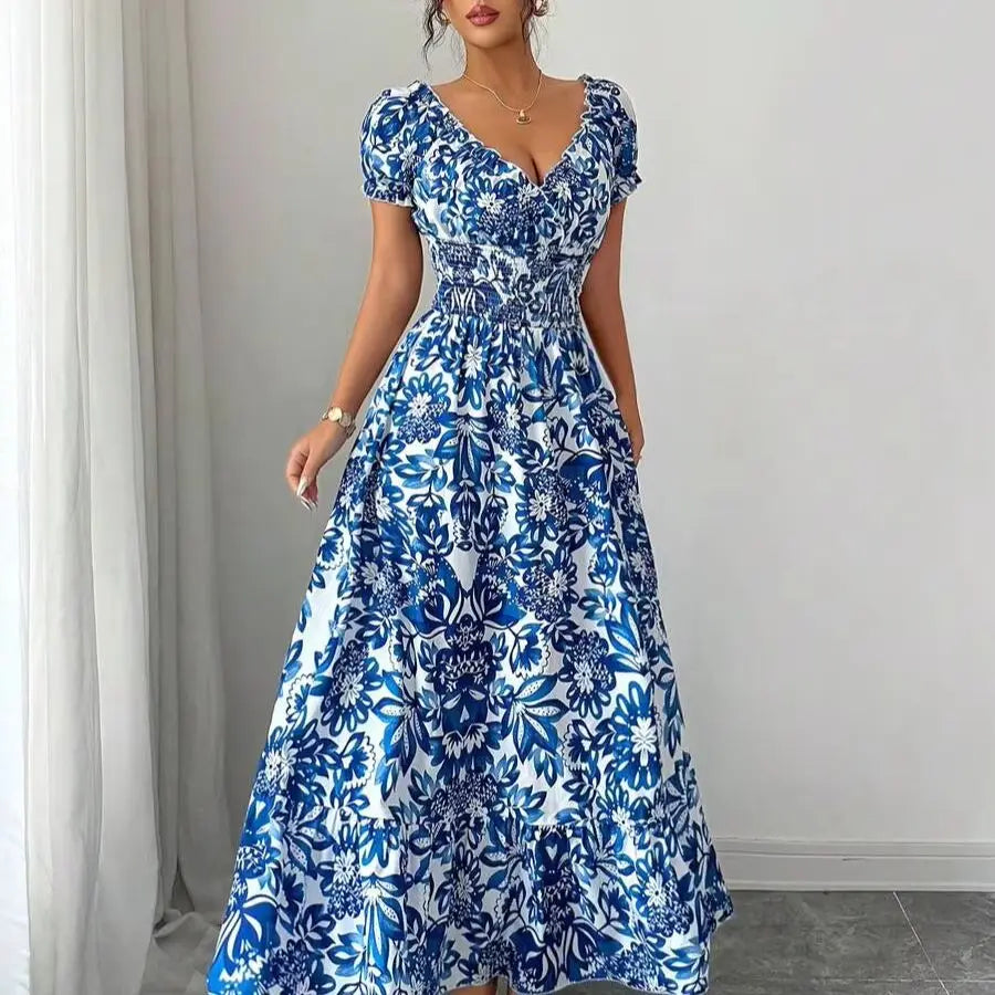 Floral Puff Sleeve Open Back Shirred Maxi Dress