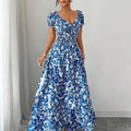 Floral Puff Sleeve Open Back Shirred Maxi Dress