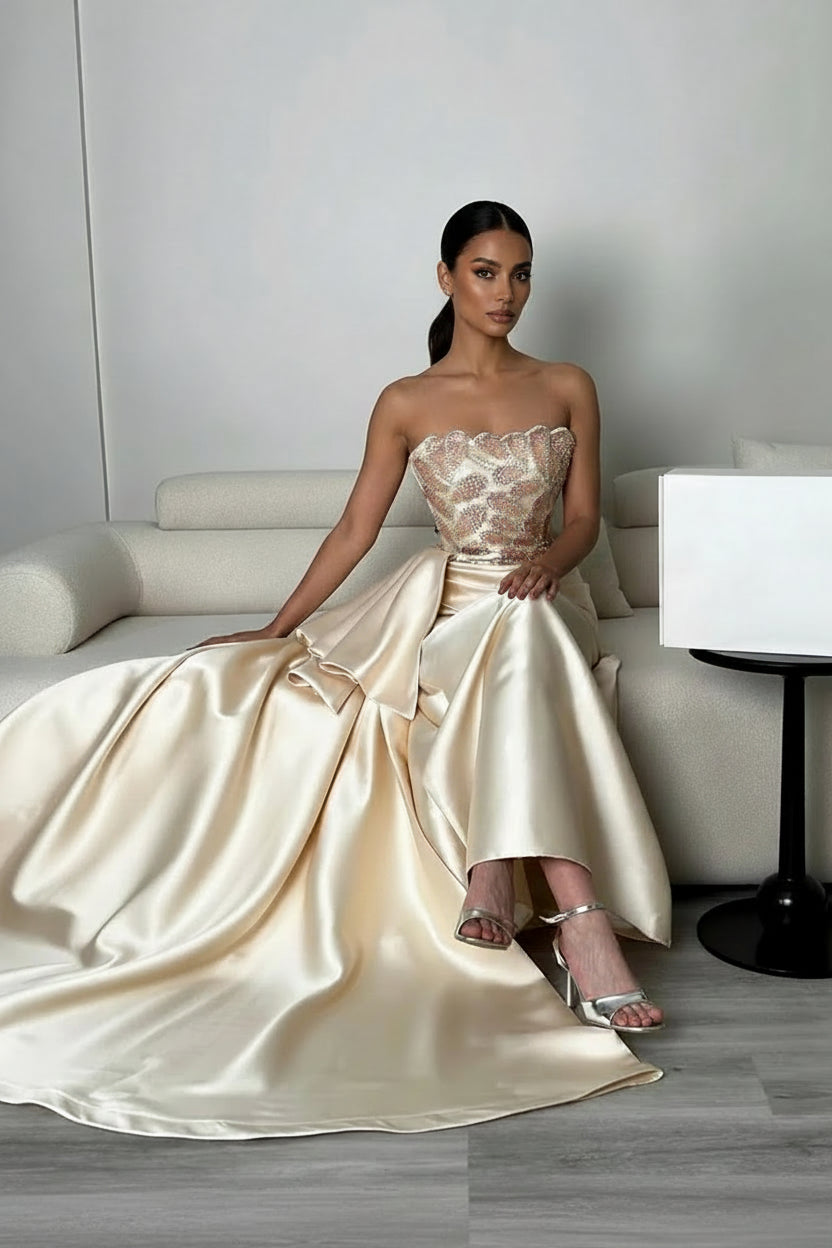 Beaded Rhinestone Strapless A-Line Evening Dress – Ruched, Custom