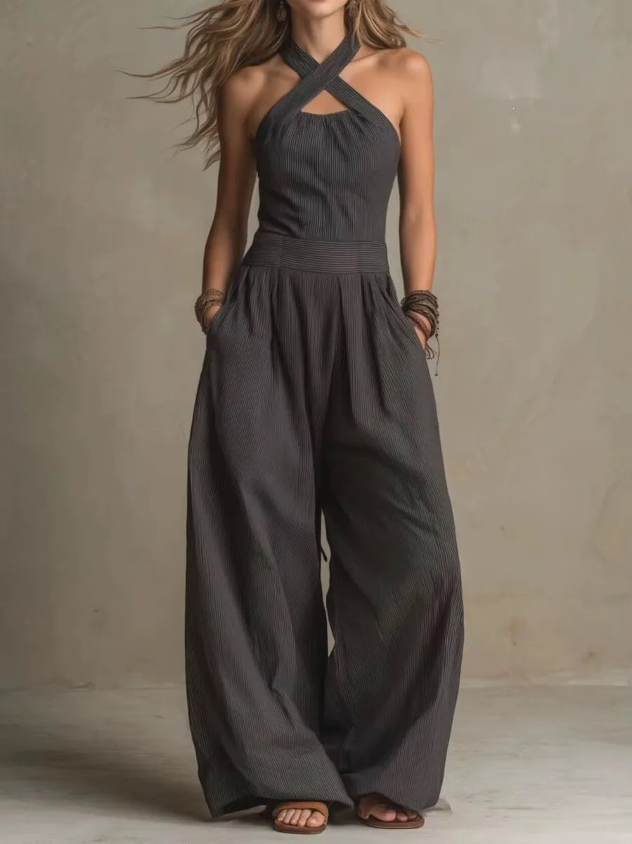 Sleeveless Wide-Leg Slim Fit Solid Jumpsuit