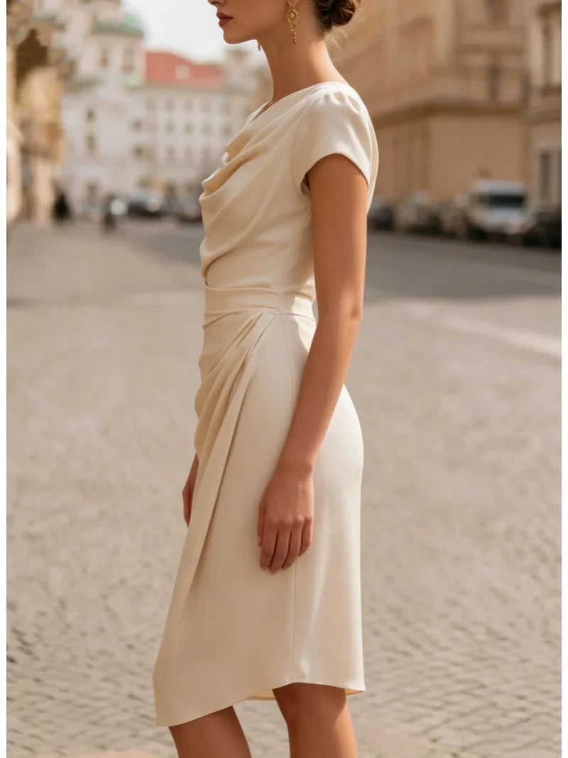 Elegant Cowl Neck Short Sleeve Fitted Midi Dress With Draped Waist Detail For Women Formal Evening Occasion