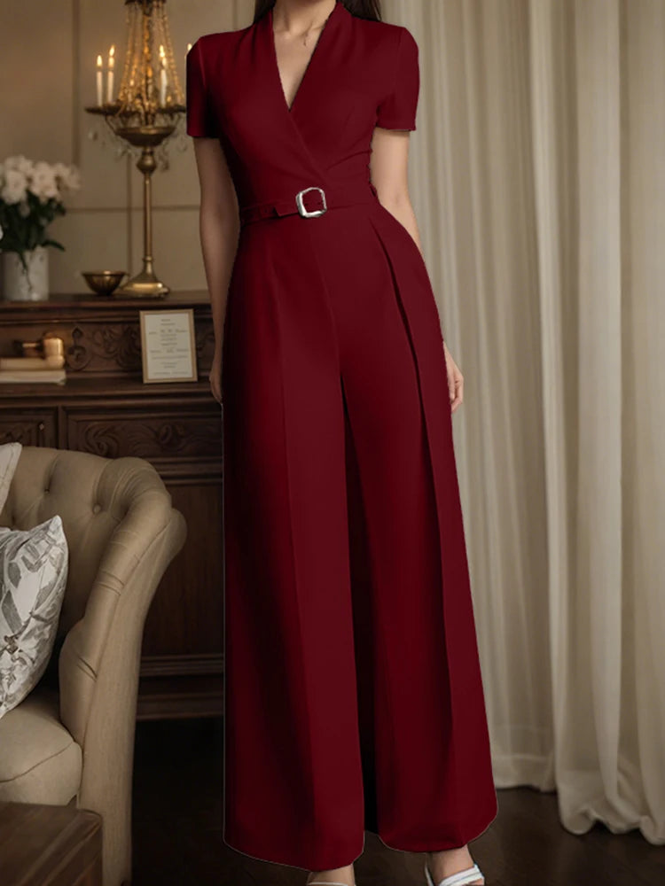 Deep V-Neck High Waist Wide-Leg Belted Jumpsuit