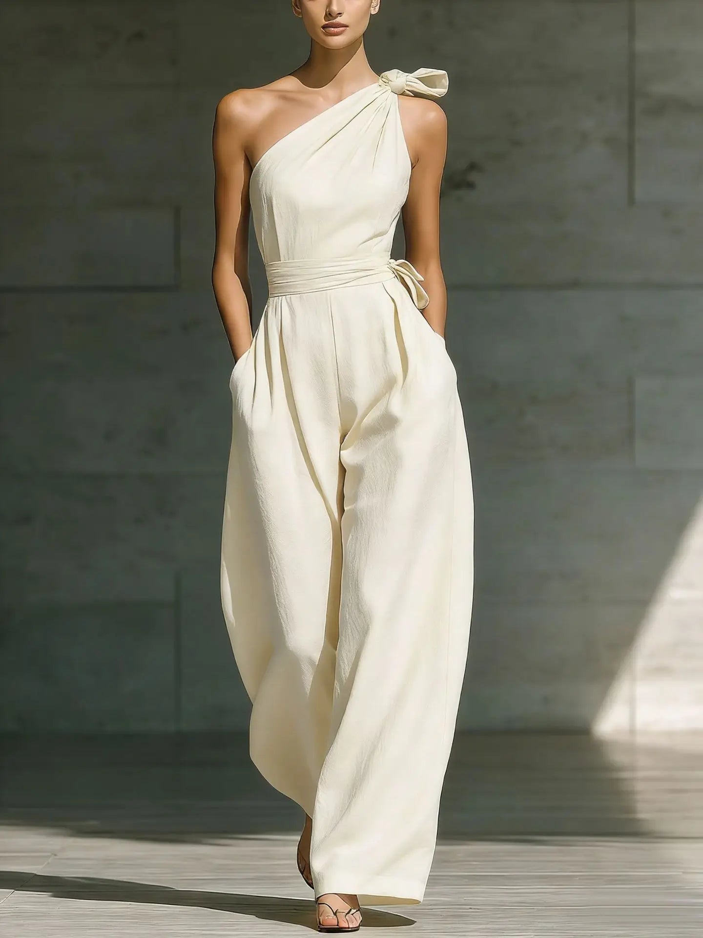 One-Shoulder Draped Lace-Up Wide-Leg Jumpsuit