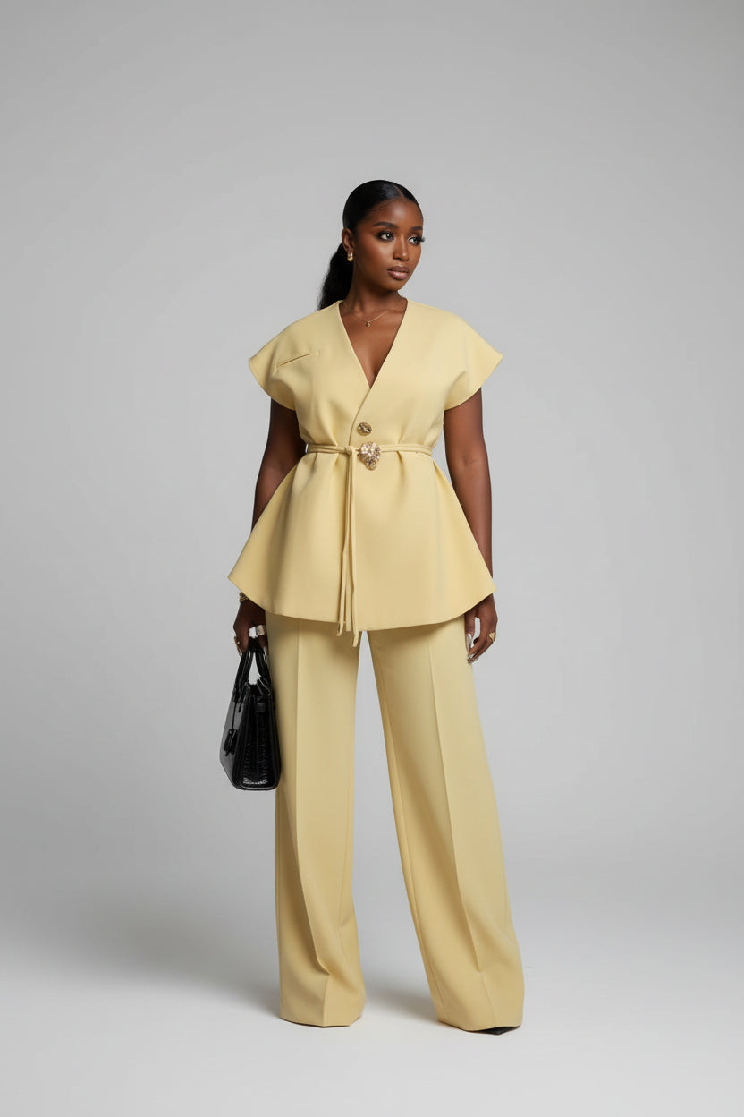 V-Neck Lace-Up Top & Wide Leg Pants Set
