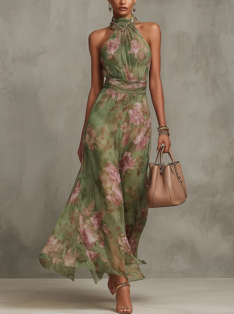 Floral Print High-Waist Slit Maxi Dress