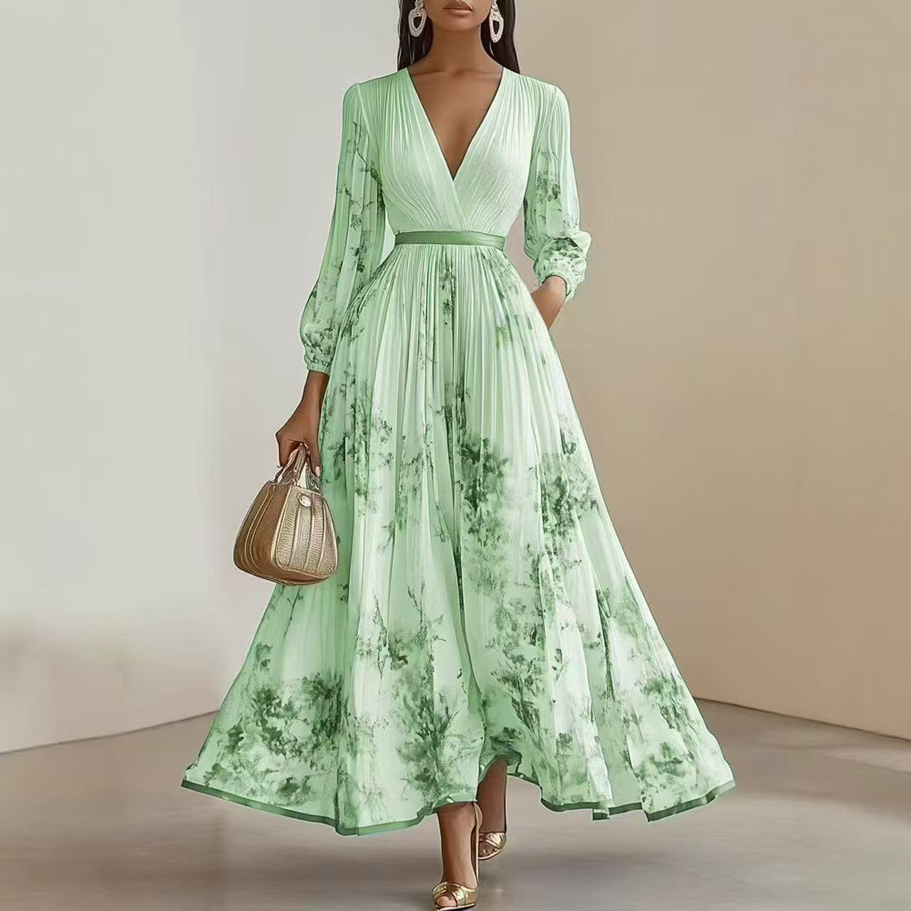 Pleated Lantern Sleeve V-Neck Maxi Dress