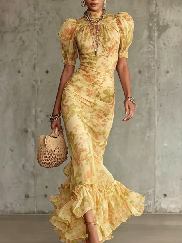Vintage Floral Bubble Sleeve Fishtail Dress
