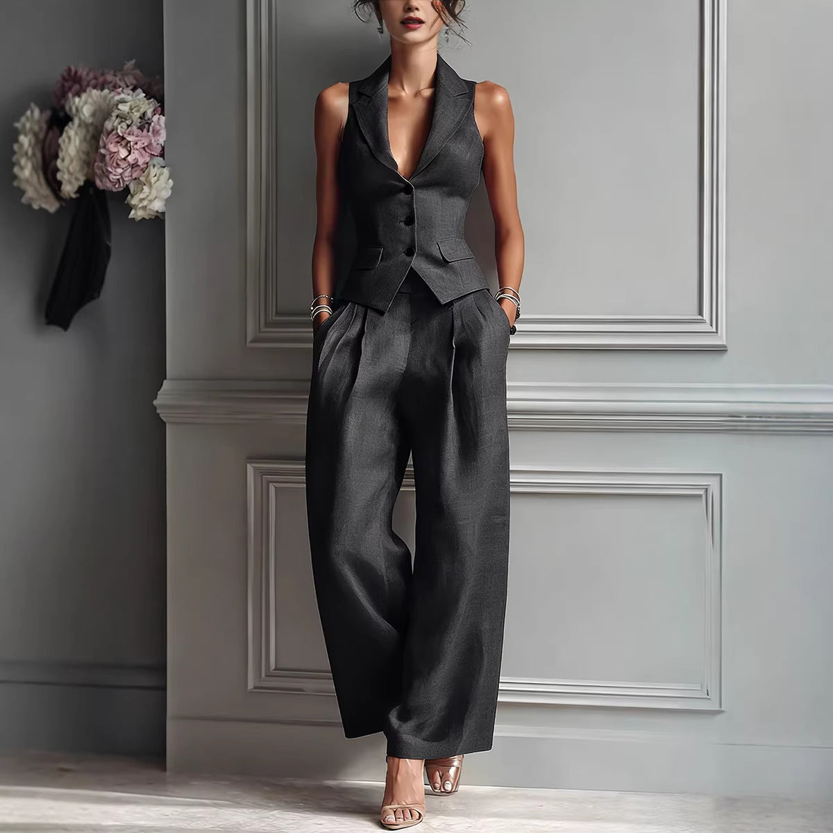 Sleeveless Vest & Wide-Leg Pants Co-ord Set