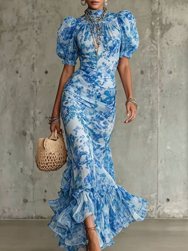Vintage Floral Bubble Sleeve Fishtail Dress