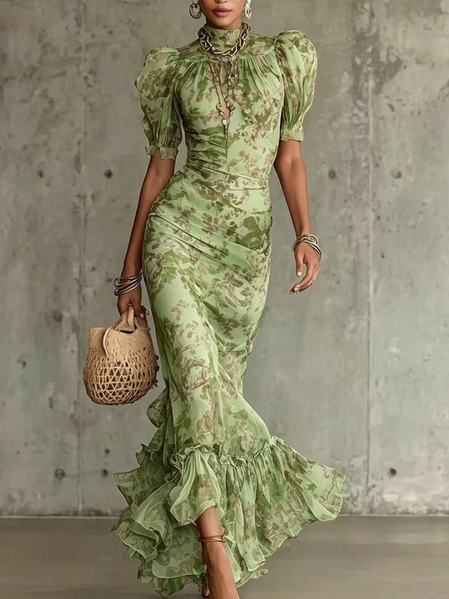 Vintage Floral Bubble Sleeve Fishtail Dress