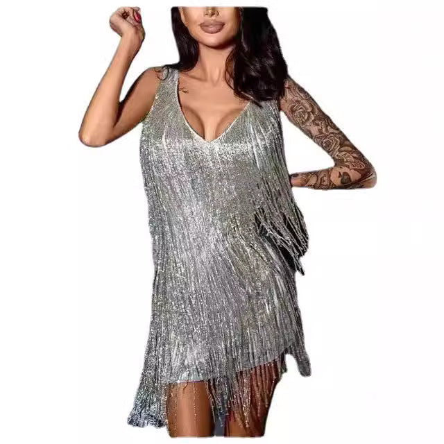 Tassel Fringe V-Neck Maxi Dress