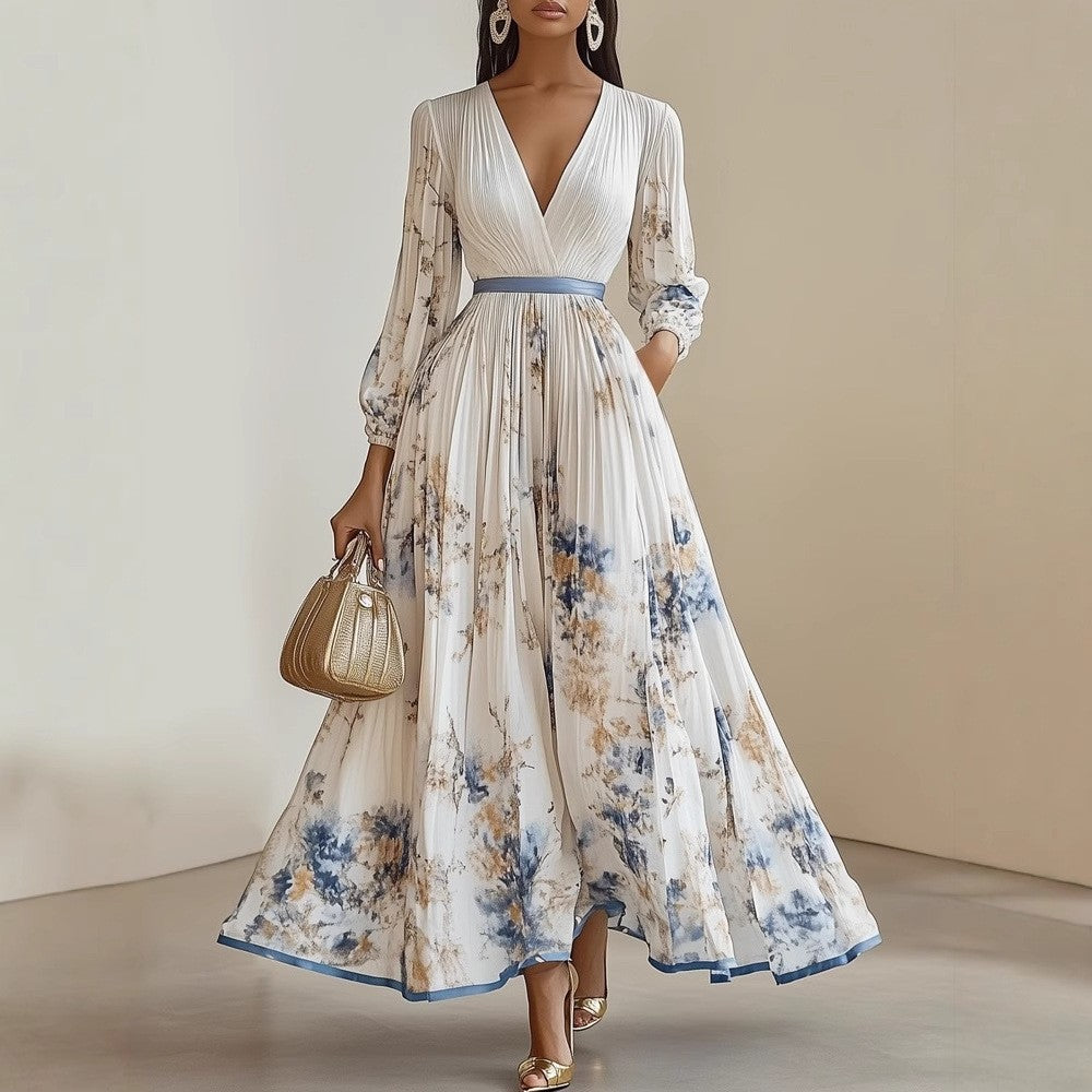 Pleated Lantern Sleeve V-Neck Maxi Dress