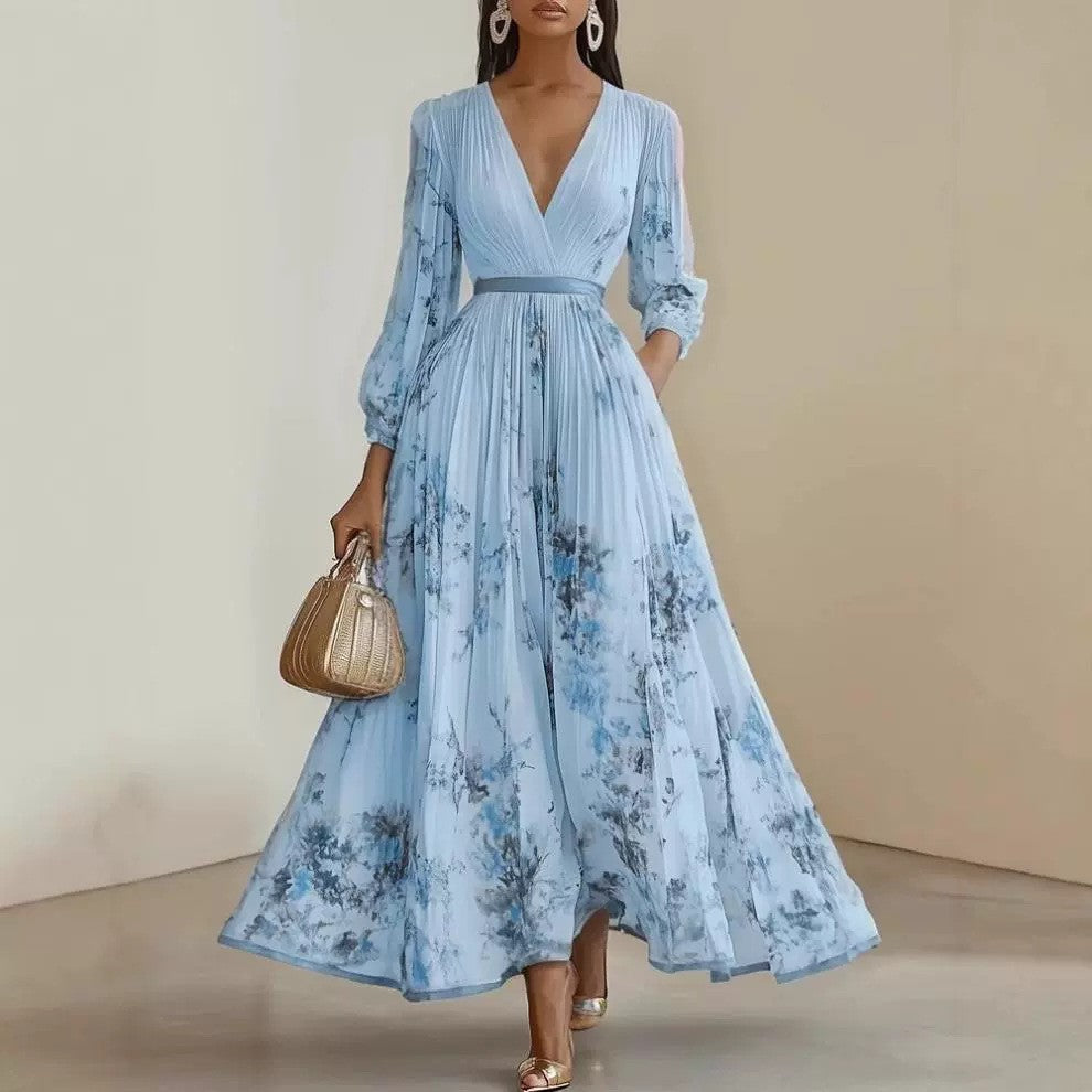 Pleated Lantern Sleeve V-Neck Maxi Dress