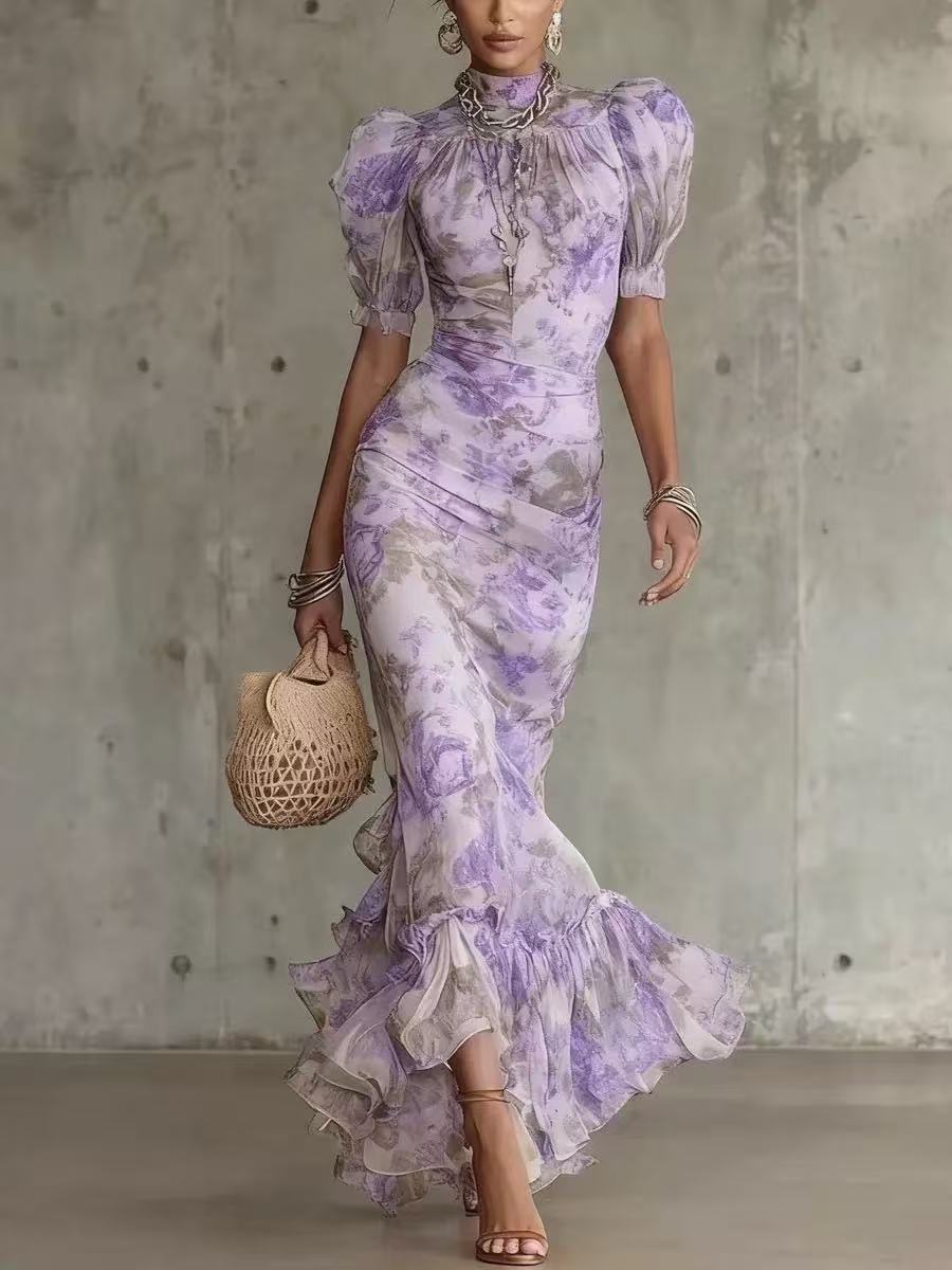 Vintage Floral Bubble Sleeve Fishtail Dress