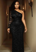 One-Shoulder Lace Fishtail Ruched Maxi Dress